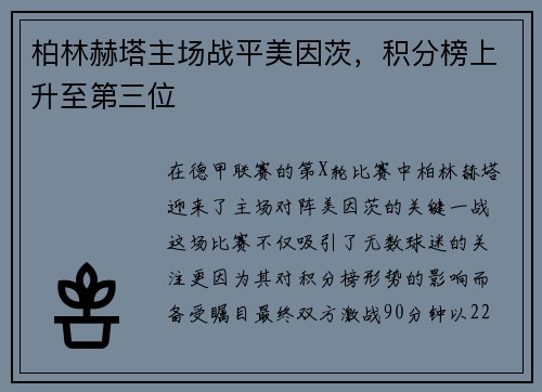 柏林赫塔主场战平美因茨，积分榜上升至第三位