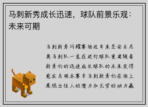 马刺新秀成长迅速，球队前景乐观：未来可期